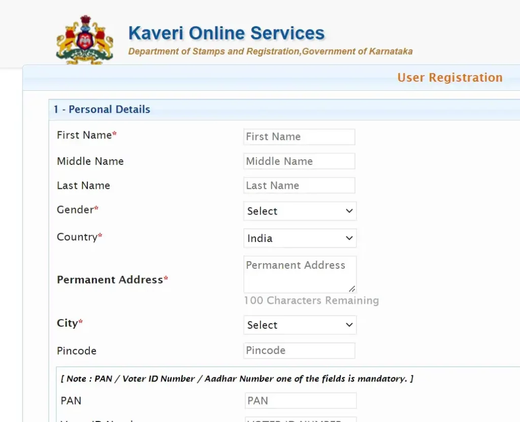 Kaveri Online Services registration form